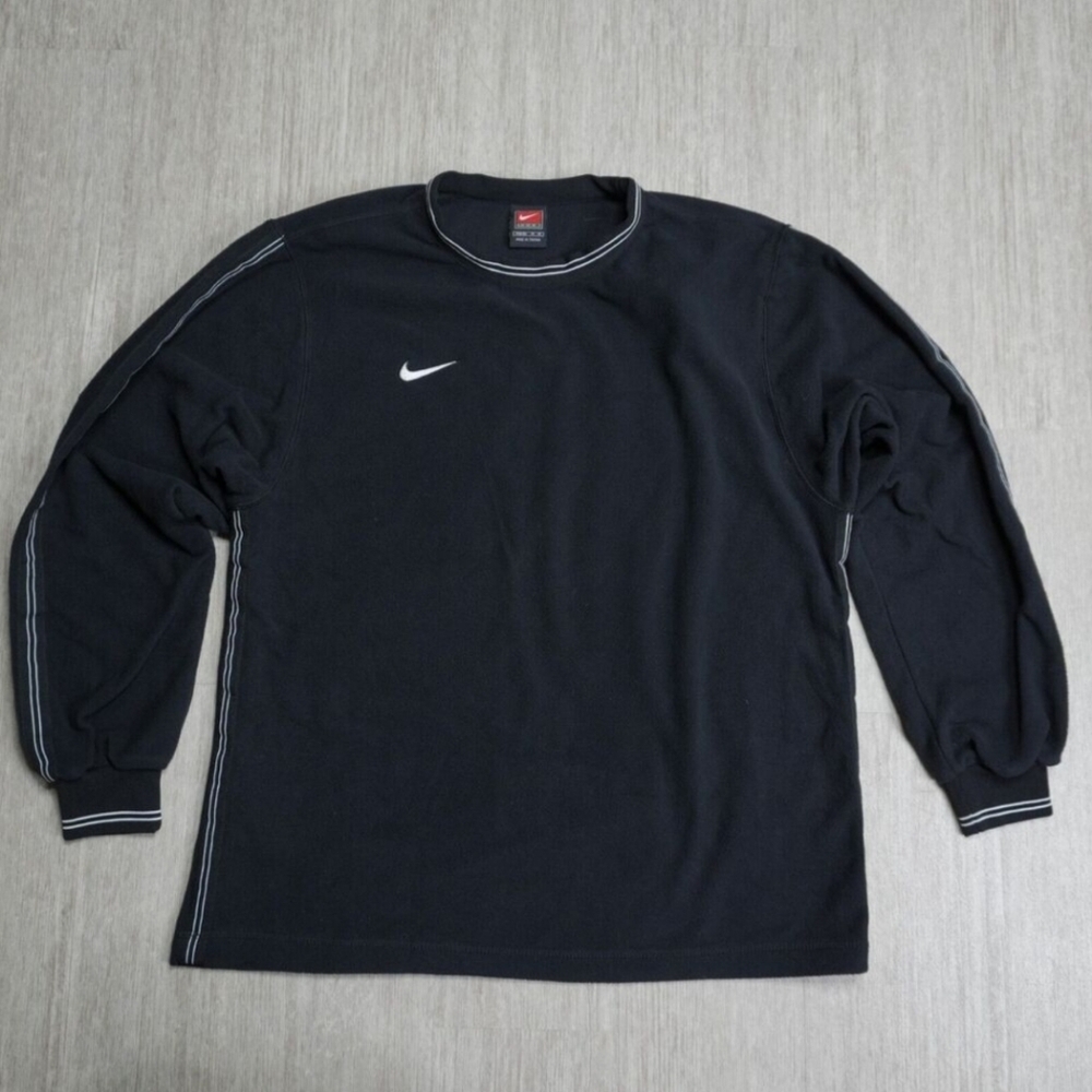 Y2K Nike Team Mens Fleece Sweatshirt M Black Cuffed Stripe Pullover